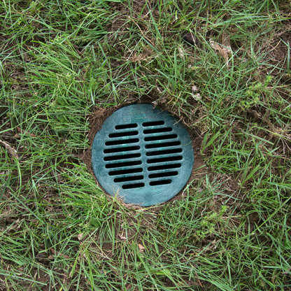 Green drain cover in a grassy area