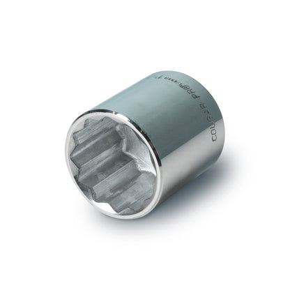 A silver-colored power brace socket tool with a tapered shape and an expansive sleeve.