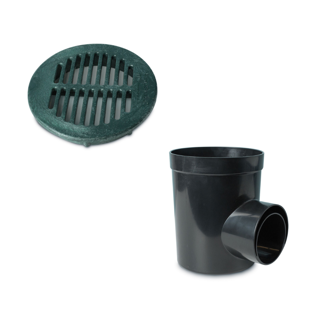 Two components of a lawnscape kit, a green well basin with a bubble pot lid on top.